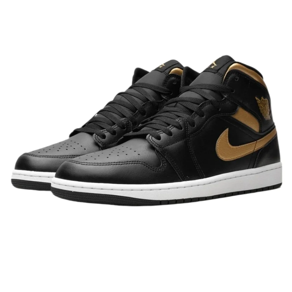 Air Jordan 1 Mid Sneakers Black/White/Metallic Gold